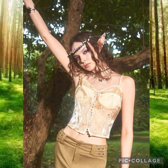 HP 🏆Fairycore Boho Apricot Floral Button Down Cami Top - Picture 1 of 6
